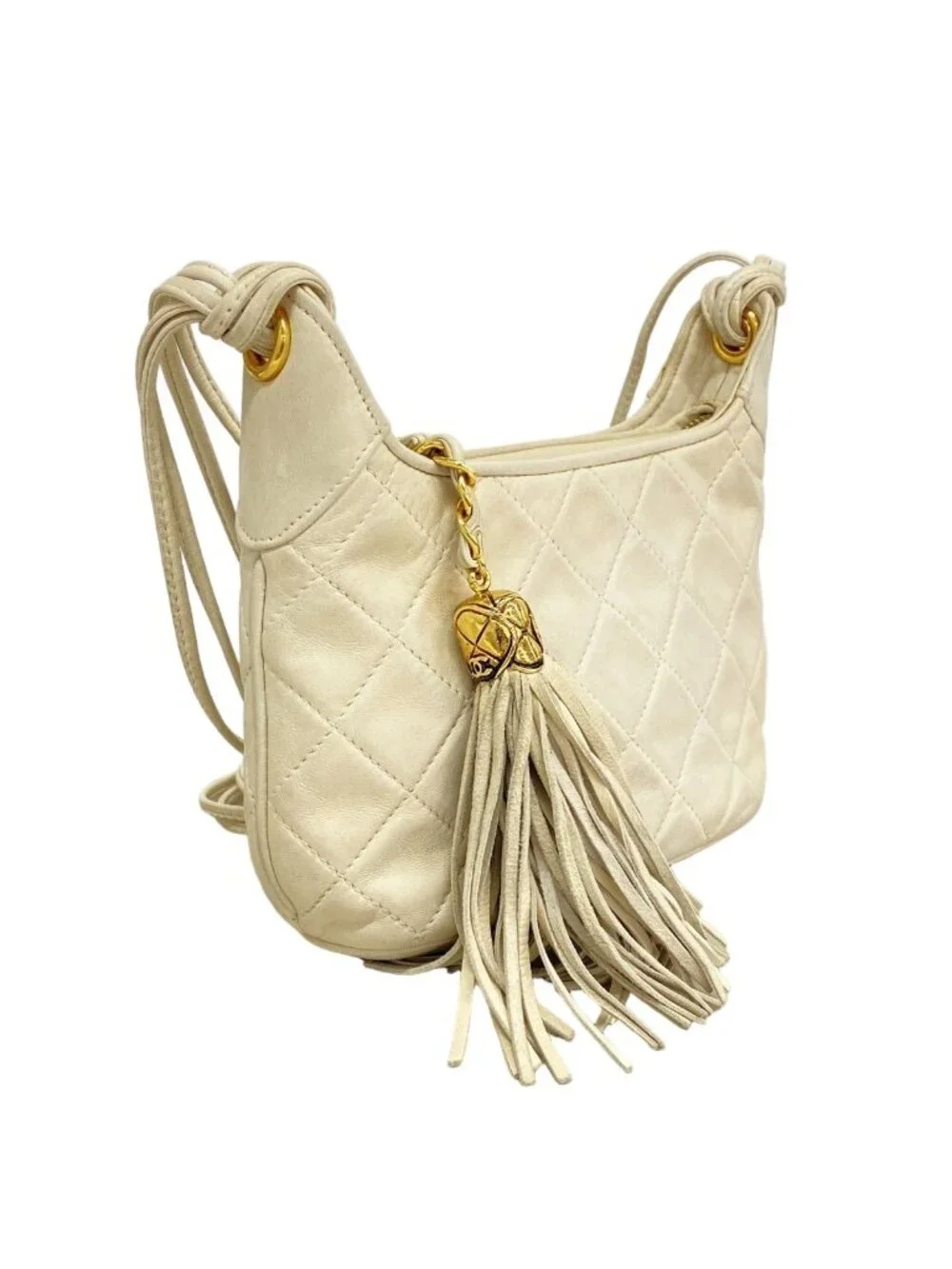 Chanel Shoulder Bag Quilted Lambskin White Gold
